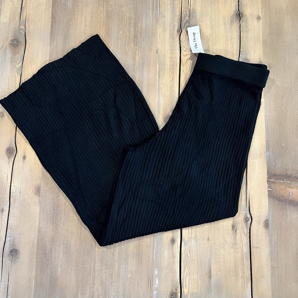 NWT The Drop Women's Catalina Rib Flare Leg Knit Pants Black Cropped Large